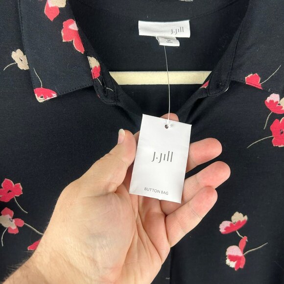 NEW J Jill Floral‎ Shirt Dress Women Medium Tall Black Pima Cotton Knee Length - Picture 10 of 10